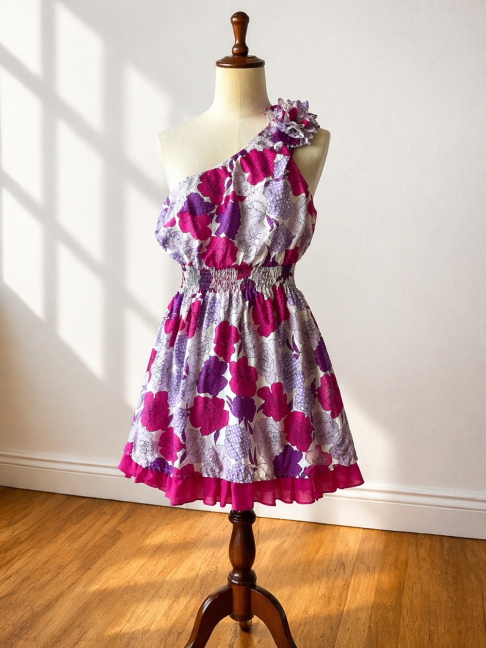 One Shoulder Floral Mini Dress Pink Purple Smocked Waist Ruffle